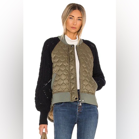 Veronica Beard Jackets & Blazers - Veronica Beard Marjeti Mixed Media Quilted Bomber Jacket Navy Green S Lambswool